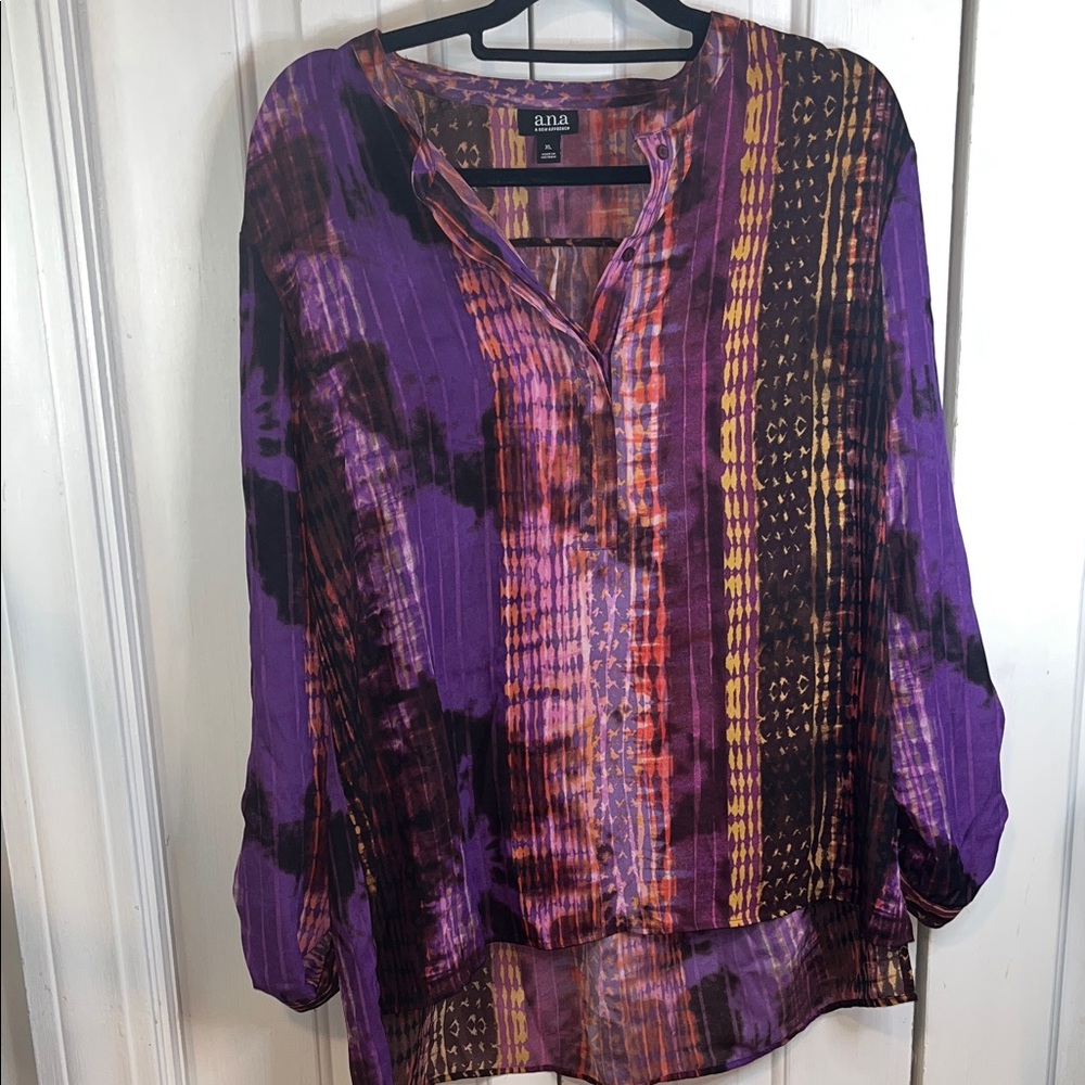SZ XL a.n.a Women's Purple tie die hippie blouse button up office career